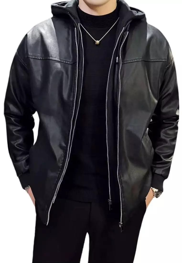 HAPPY FRIDAYS Men's Faux Leather Hooded Jacket MJ906